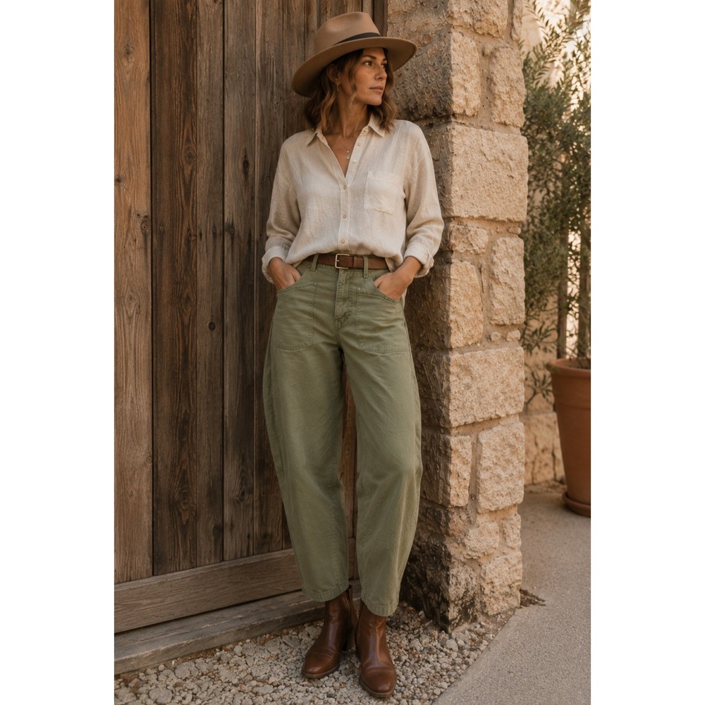 Nili Lotan Shon Pants Olive Green Patch Pocket Linen Utility Curved Barrel Leg 2